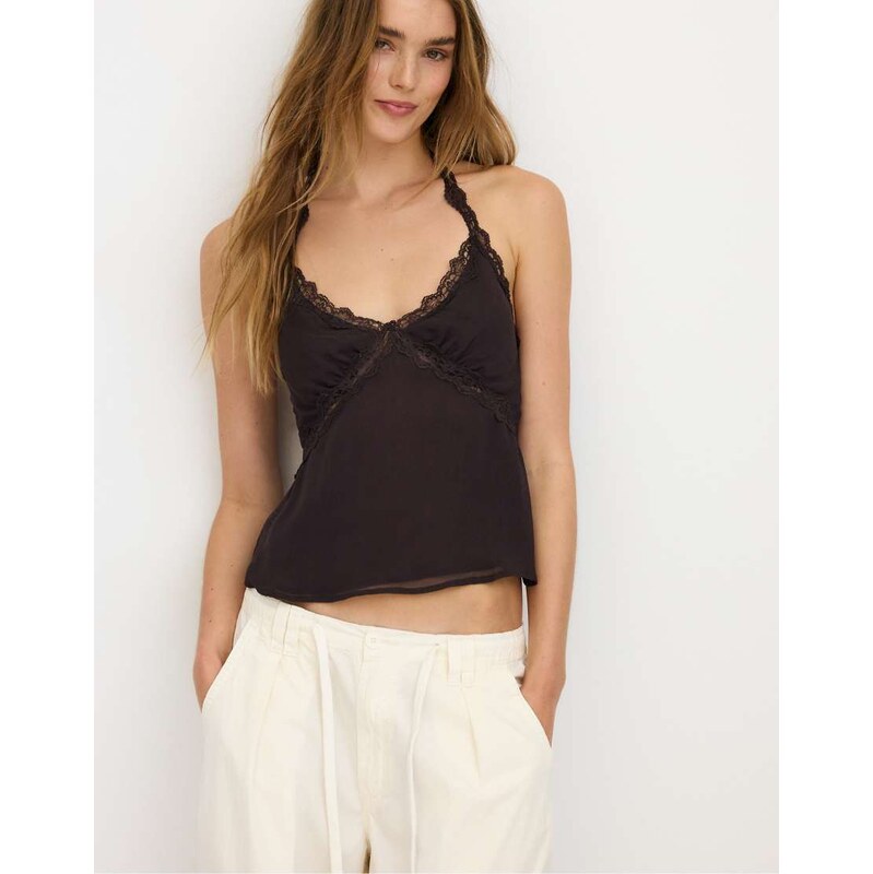 Stradivarius Halter neck top with lace trim in brown