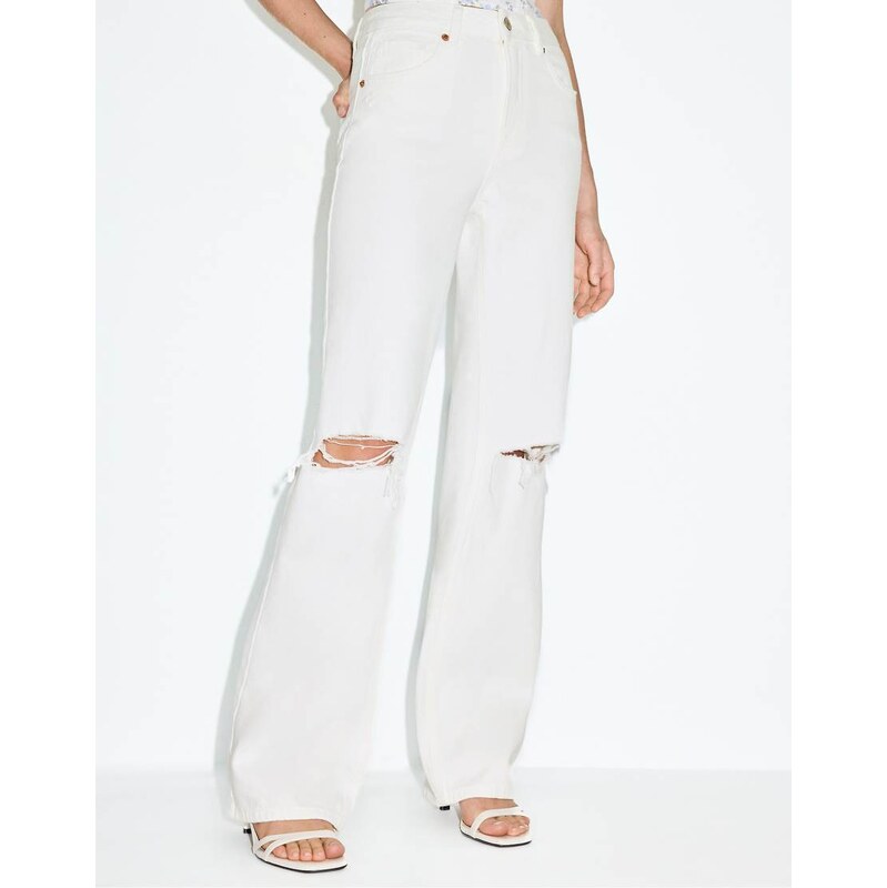 Stradivarius D92 ripped straight wide-leg jeans in ecru-White