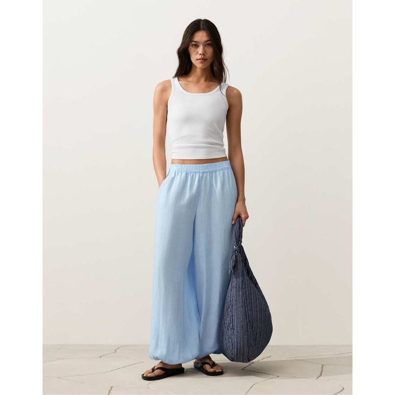 OYSHO 100% linen bloomer trousers in blue