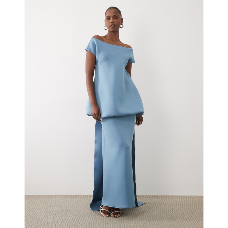 ASOS DESIGN bardot maxi dress with train & bubble bodice in blue