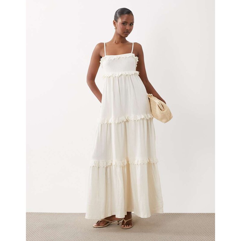 ASOS DESIGN lace trim tiered crinkle cami midi dress in cream