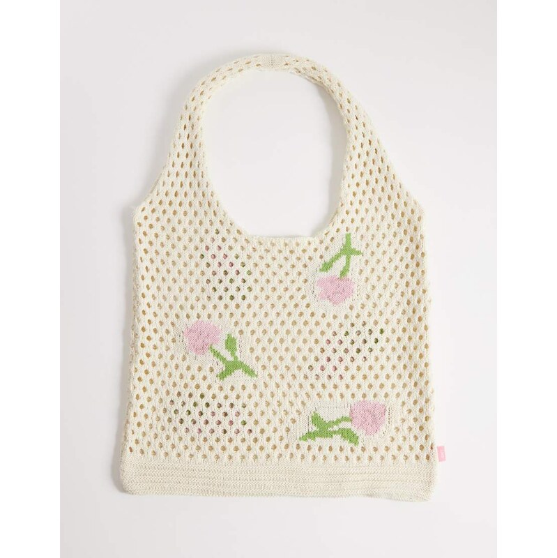 JJXX knitted tote bag with rose print-Neutral