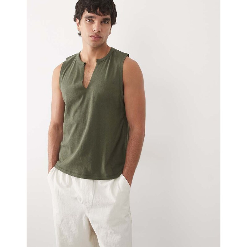 ASOS DESIGN regular fit tank with v neck in dark green with