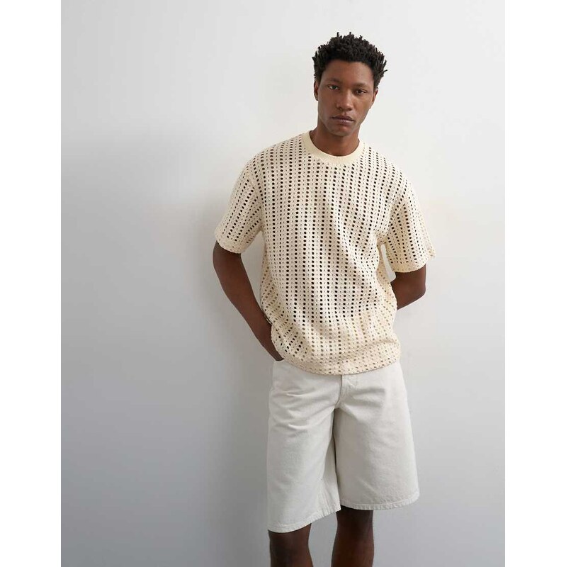 Topman relaxed fit crochet t shirt in ecru-White