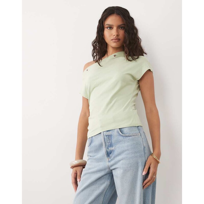 ASOS DESIGN eyelet detail one shoulder top in sage green