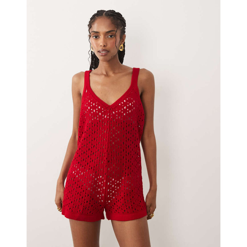 Miss Selfridge crochet playsuit in red