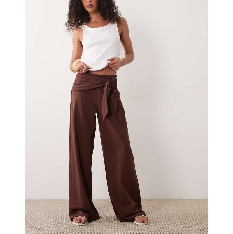ASOS DESIGN tie waist detail wide leg trousers in brown