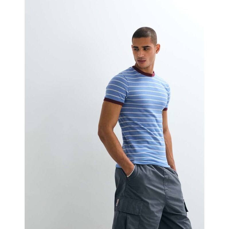ASOS DESIGN slim ringer t-shirt in blue striped textured fabric