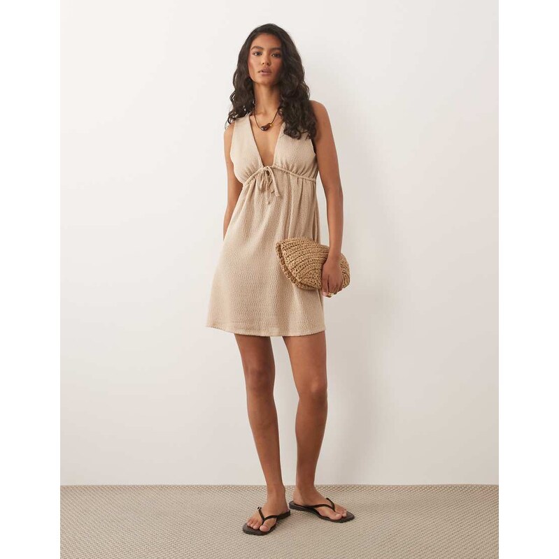 ASOS DESIGN textured jersey ruched tie front mini dress in stone