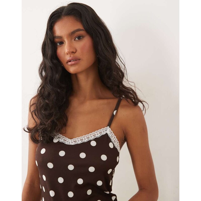 ASOS DESIGN cami top with lace hem in chocolate polka dot-Multi
