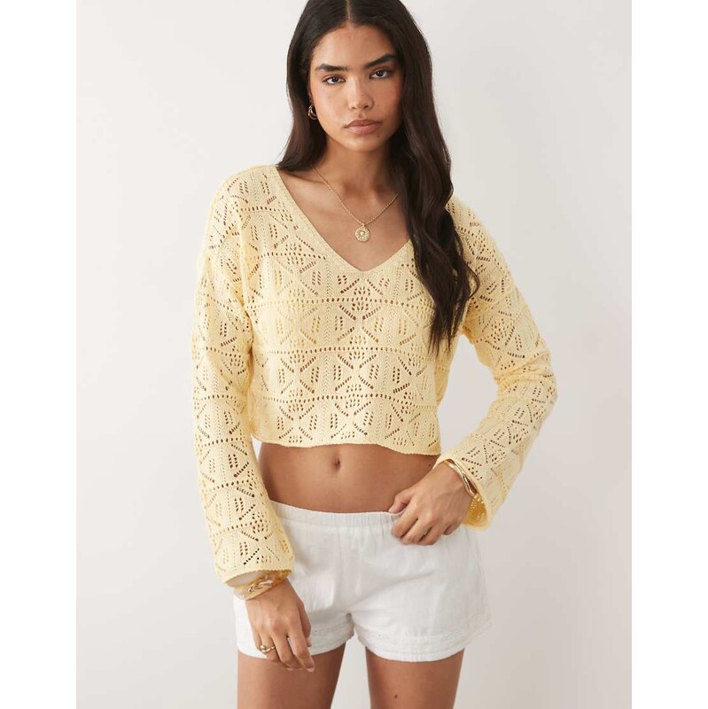Miss Selfridge crochet slouchy jumper in yellow-Pink
