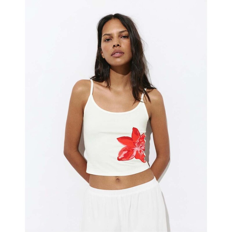 Pull&Bear Strappy floral graphic top in red
