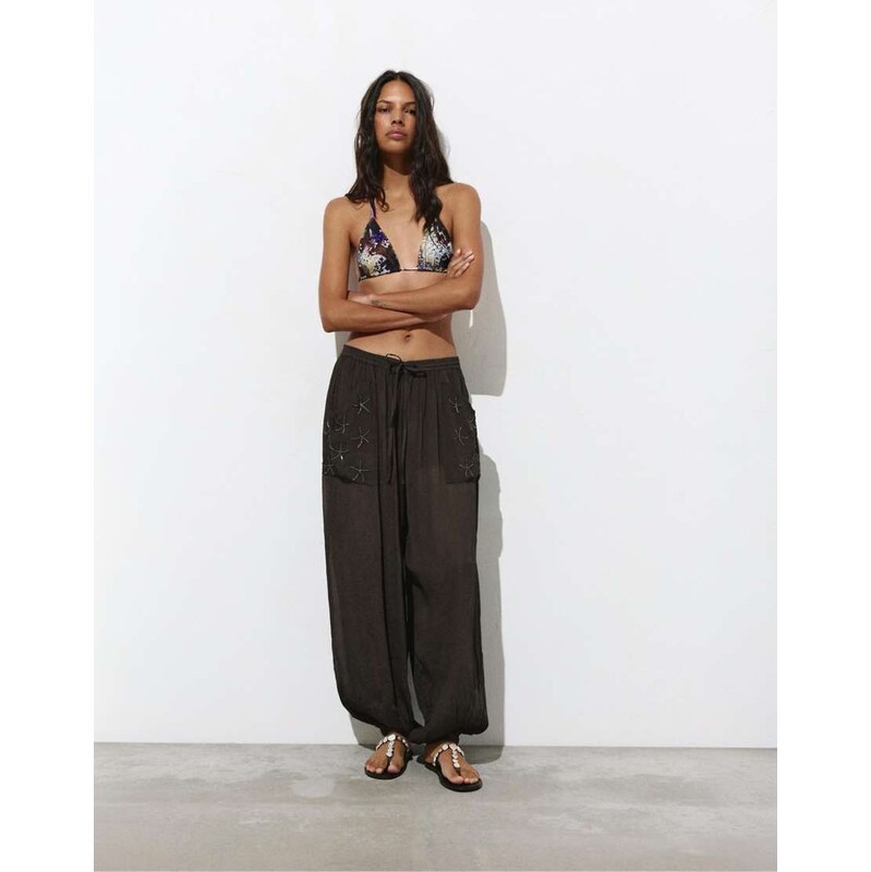 Pull&Bear Beaded sarouel trousers in brown