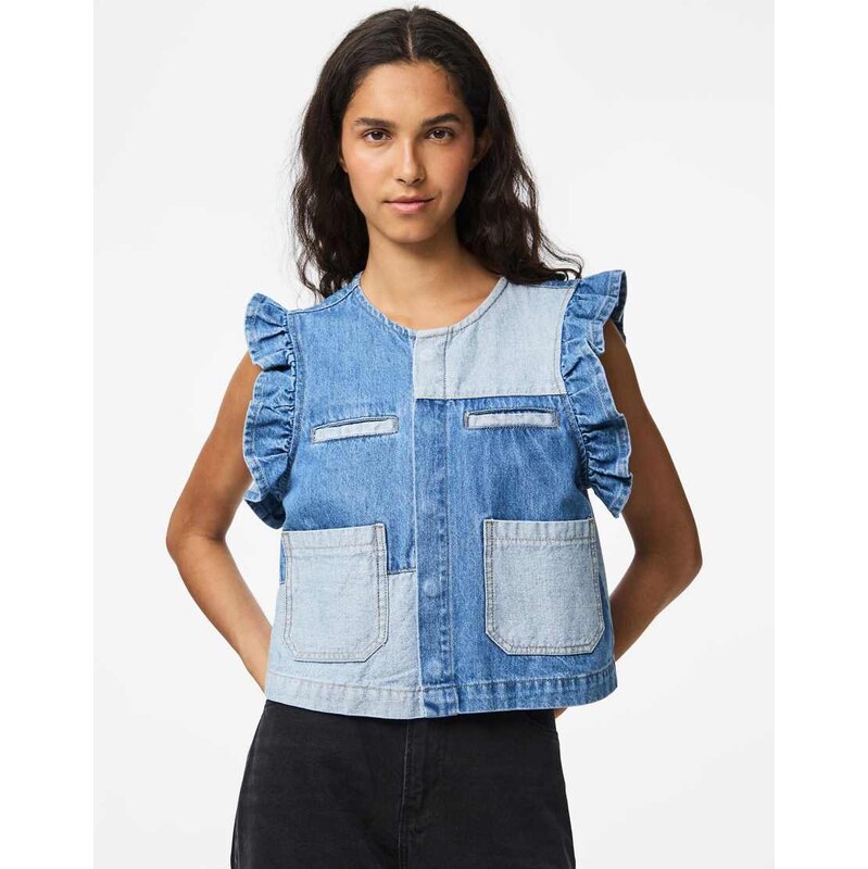Pieces Denim vest in medium blue denim
