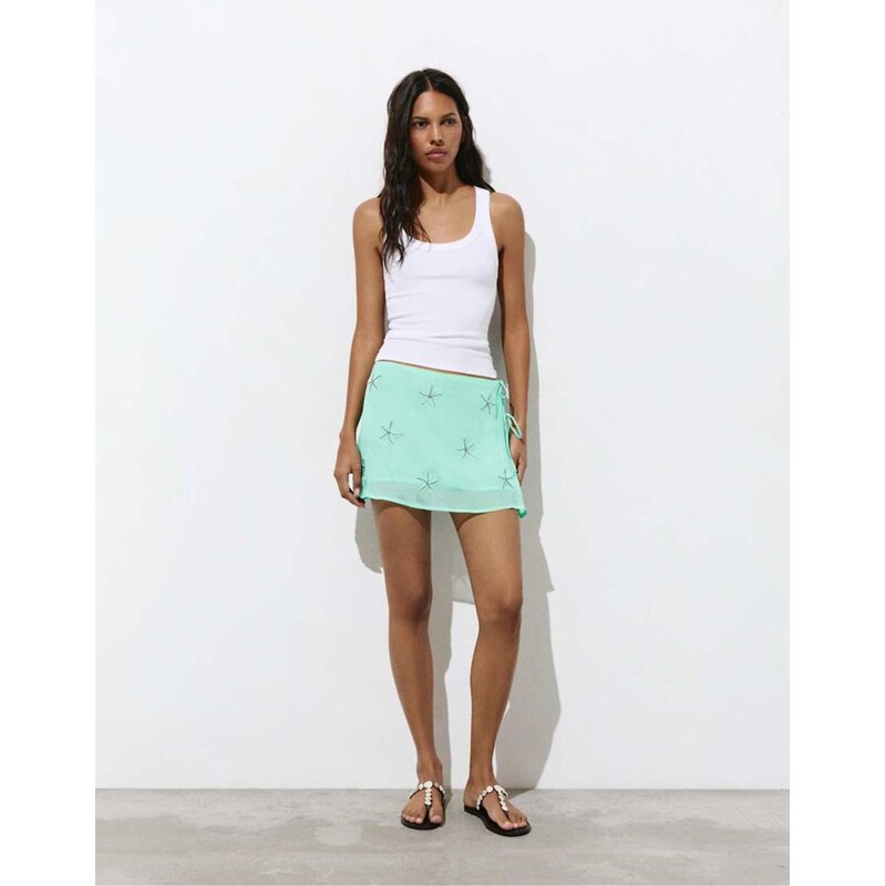Pull&Bear Beaded sarong mini skirt in turquoise-Blue