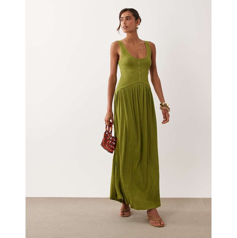 ASOS DESIGN crinkle button through midi dress in olive-Green