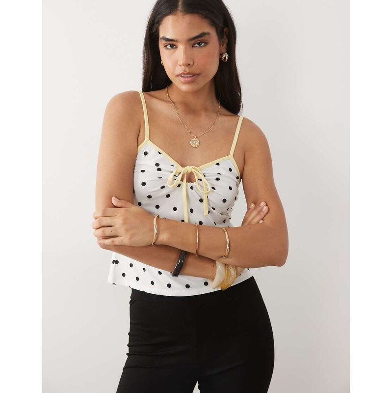 ASOS DESIGN ruched cami top with contrast tipping in mono polka