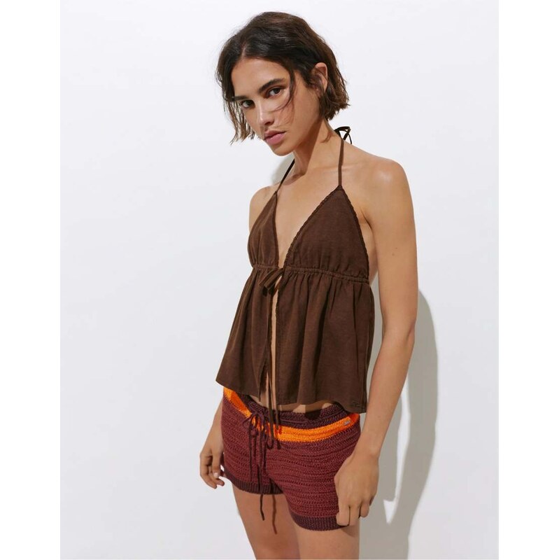 Pull&Bear Halter top with lace trims and linen in chocolate
