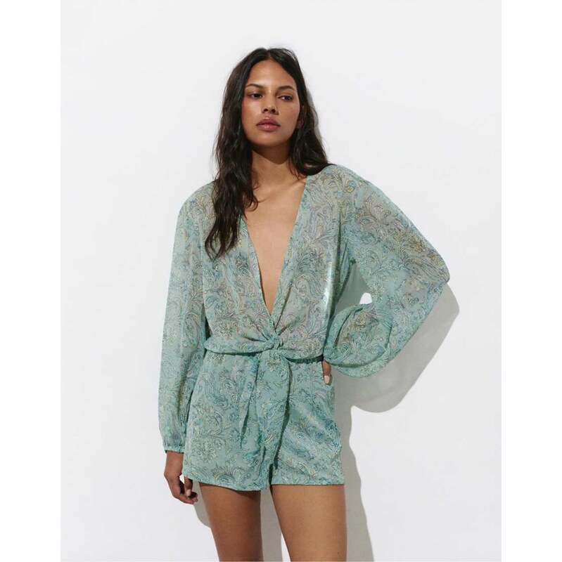 Pull&Bear Printed gathered romper in turquoise-Blue
