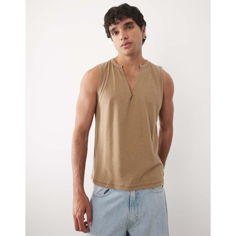 ASOS DESIGN regular fit tank with v neck in brown with linen