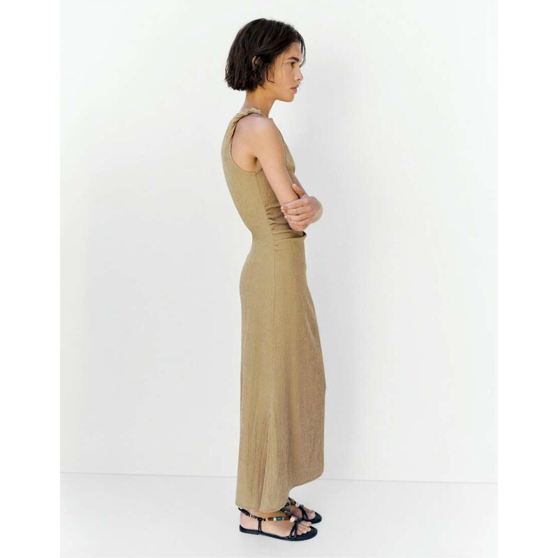 Pull&Bear Gathered knot midi dress in khaki-Green