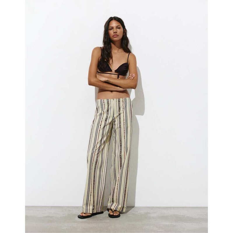 Pull&Bear Wide-leg sequin stripe trousers in brown