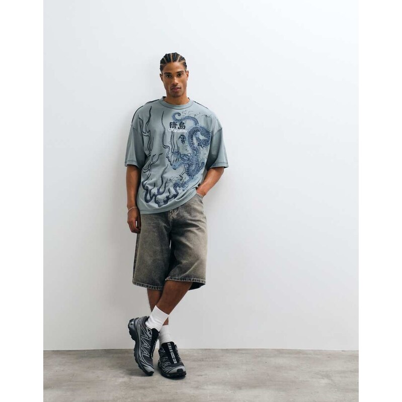 River Island oversized washed Japanese graphic t-shirt in blue
