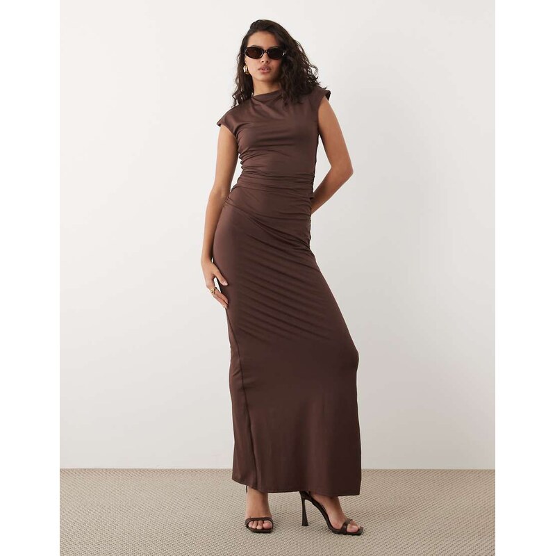 SNDYS ruched detail back split maxi skirt co-ord in chocolate