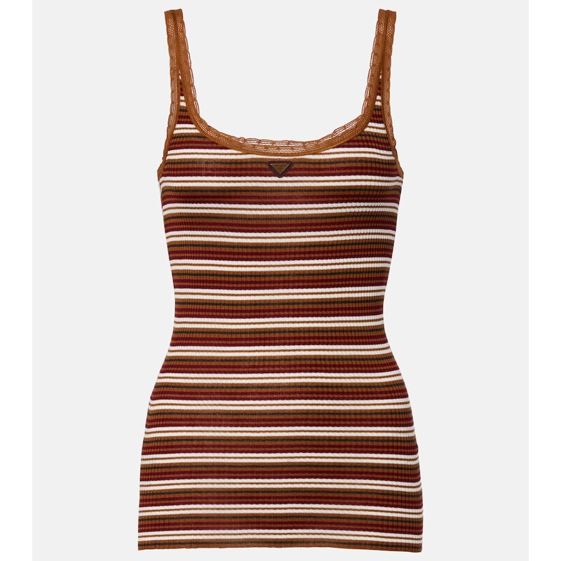 Prada Lace-trimmed striped cotton tank top