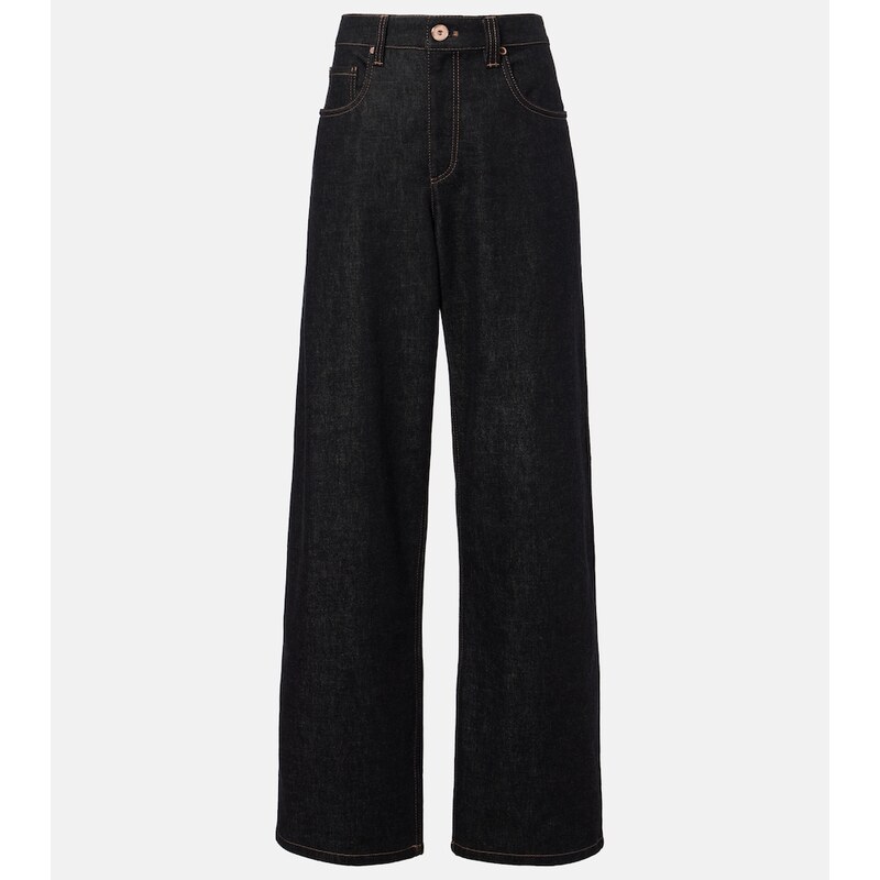 Brunello Cucinelli Leather-trimmed wide-leg jeans