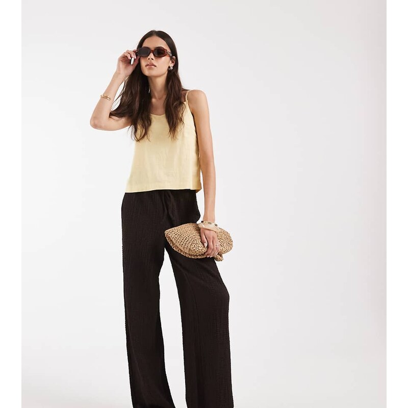 ONLY Tall high waist crinkle textured trousers in dark brown