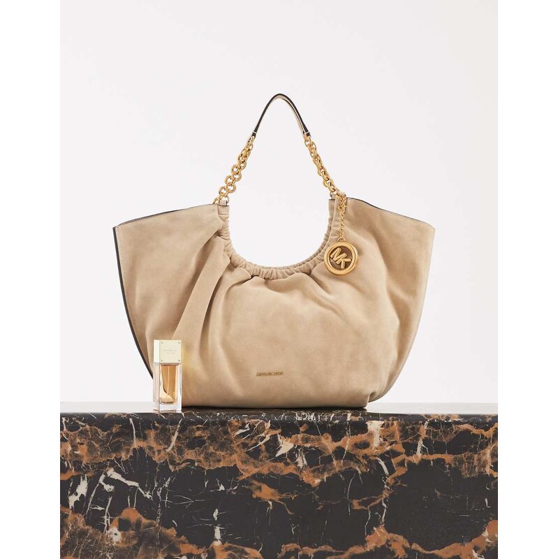 Michael Kors Indie large cinch tote bag in light khaki-White