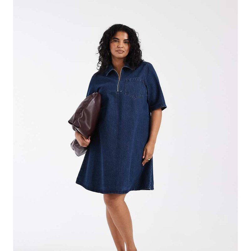 ONLY Curve pleated denim mini dress in rinsed dark blue