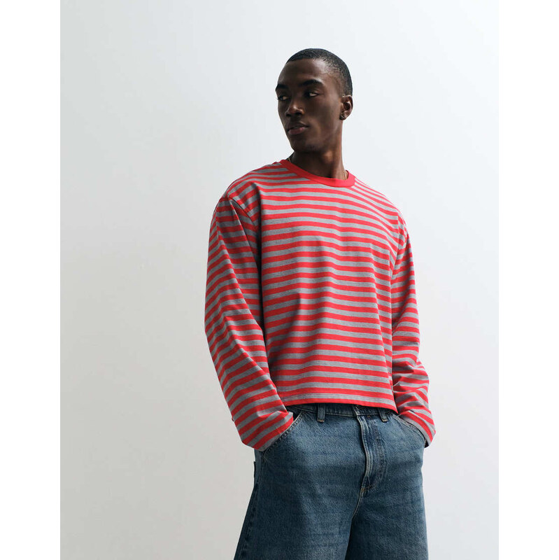 COLLUSION heavyweight stripe long sleeve boxy t-shirt in red &