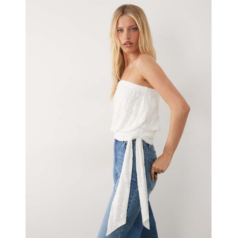 Miss Selfridge burnout bandeau top with waist tie in white-Pink