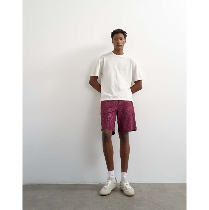 Topman leopard jacquard short in burgundy-Red