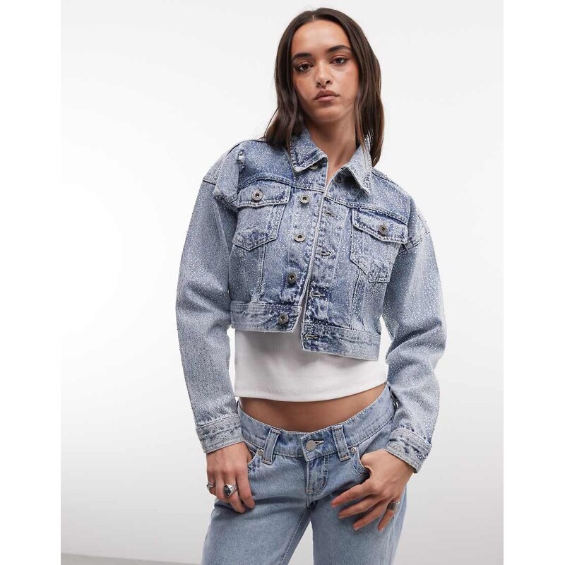Courtside cropped embellished denim jacket in light wash blue
