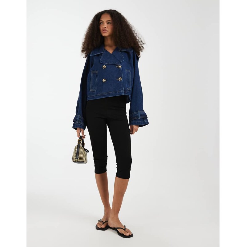 Vero Moda double breasted cropped trench coat in dark blue denim