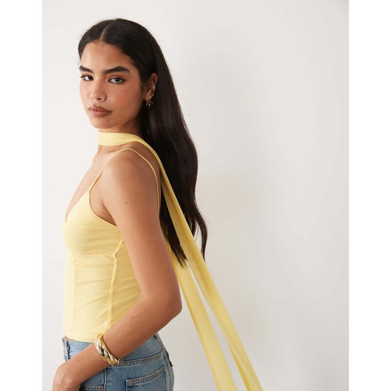 ASOS DESIGN mesh cami top with scarf detail in yellow