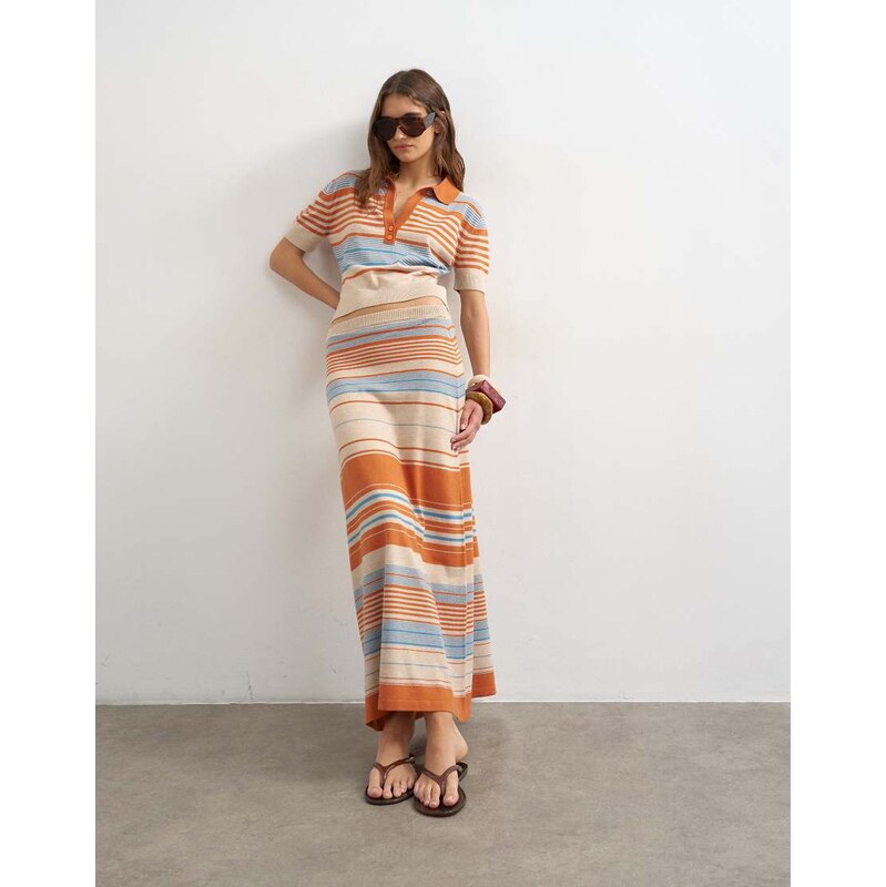Topshop knitted maxi stripe skirt co-ord in blue multi-Neutral