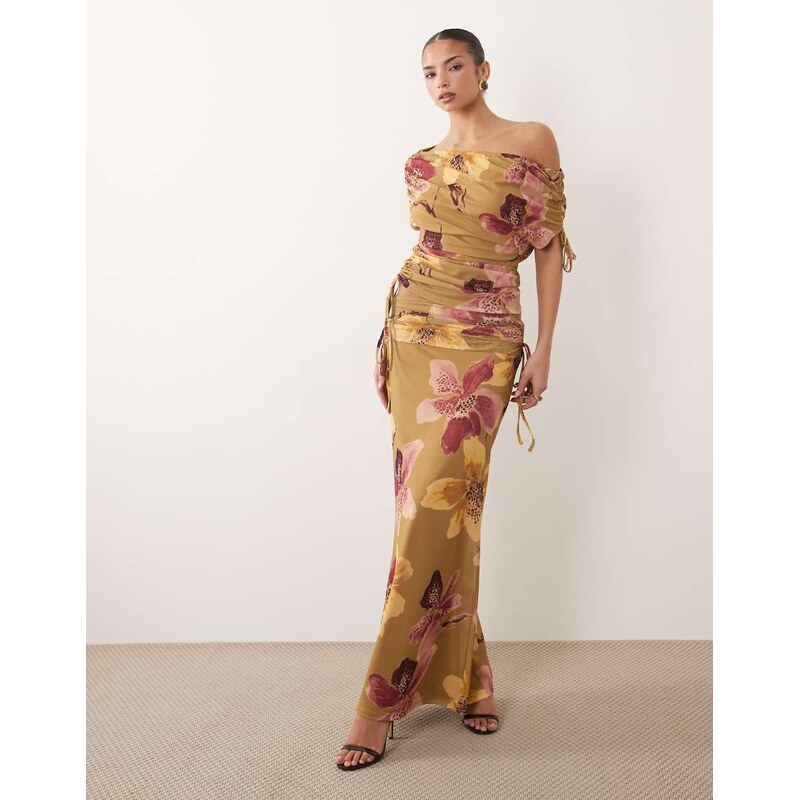 ASOS DESIGN co-ord printed mesh ruched maxi skirt in pink check
