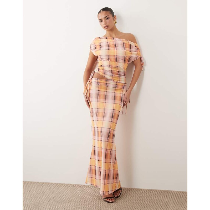 ASOS DESIGN co-ord printed mesh ruched maxi skirt in buttermilk