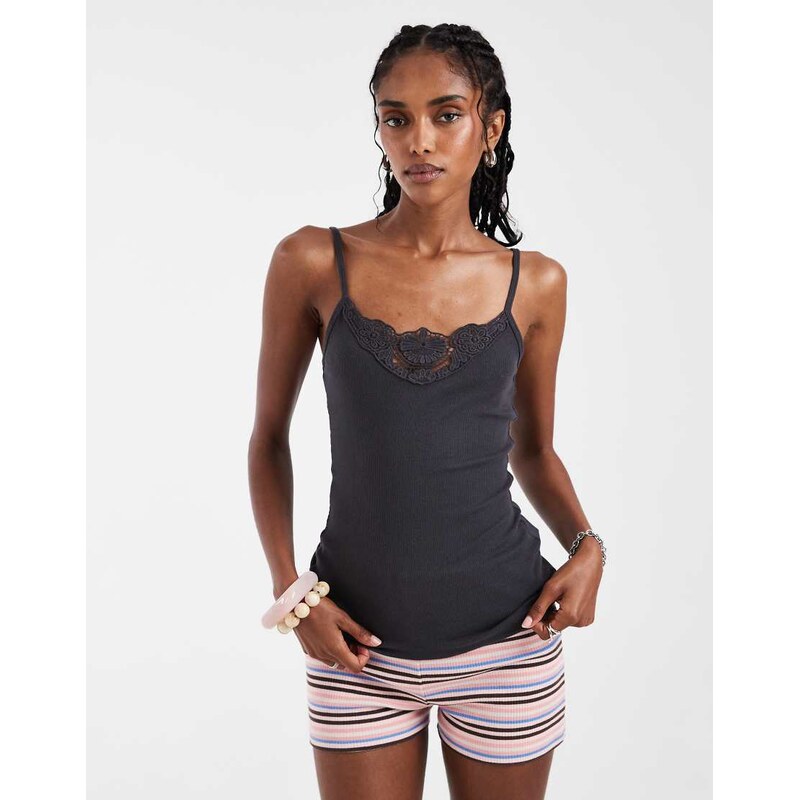 Hollister lace v neck front cami in charcoal-Grey
