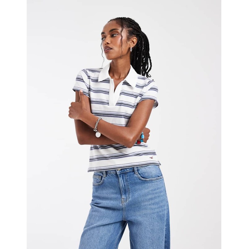 Hollister y2k fitted short sleeve polo in white stripe