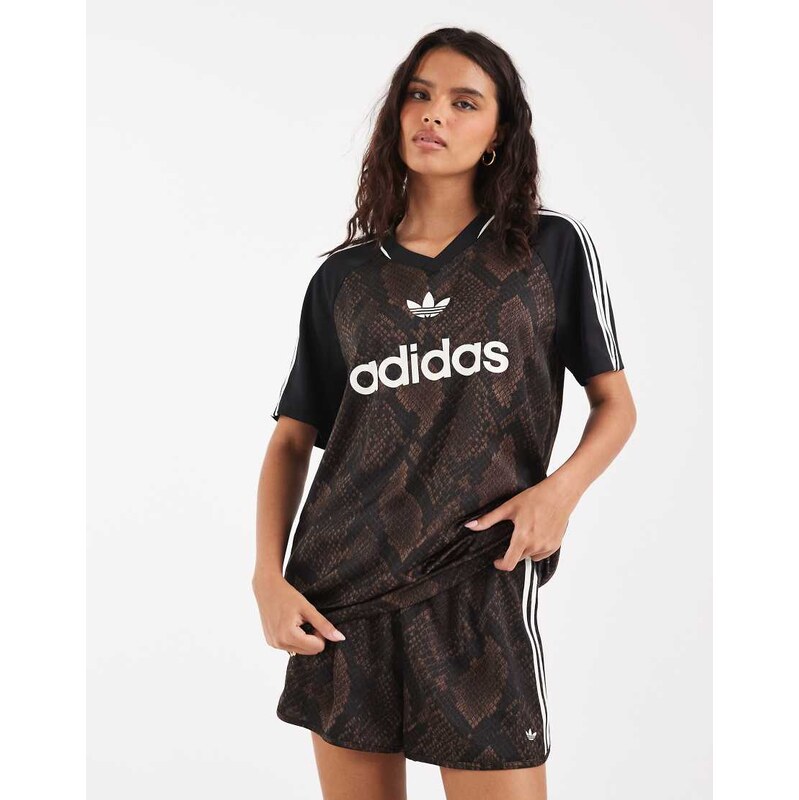 adidas Originals satin football jersey in dark brown snake