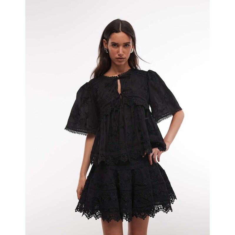 AllSaints Lillith short sleeve tie up thrilly lace blouse in