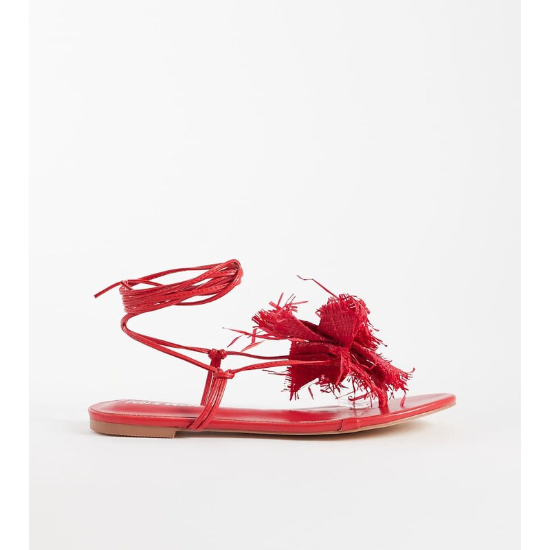 Public Desire Wide Fit Becca raffia flower flat sandals in red