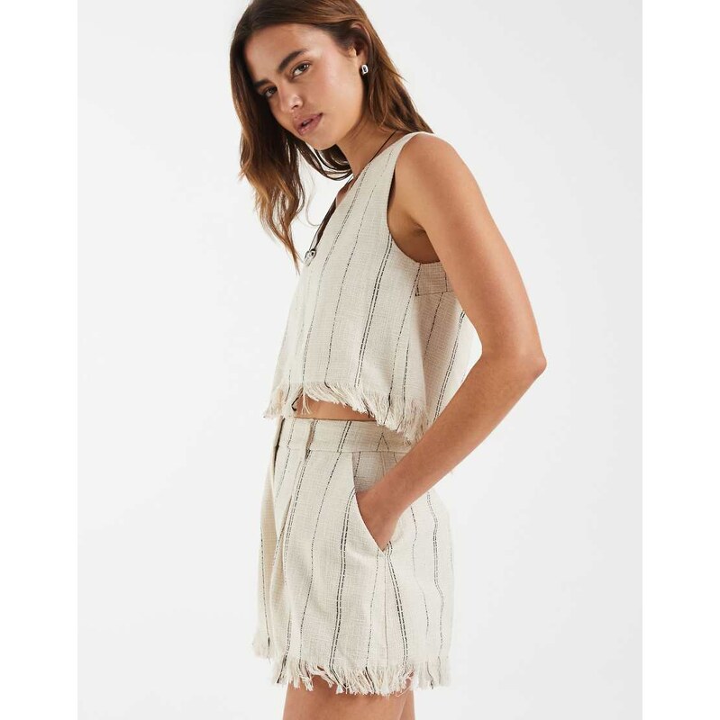 ASOS DESIGN Tailored fringe hem shorts in natural stripe-Multi