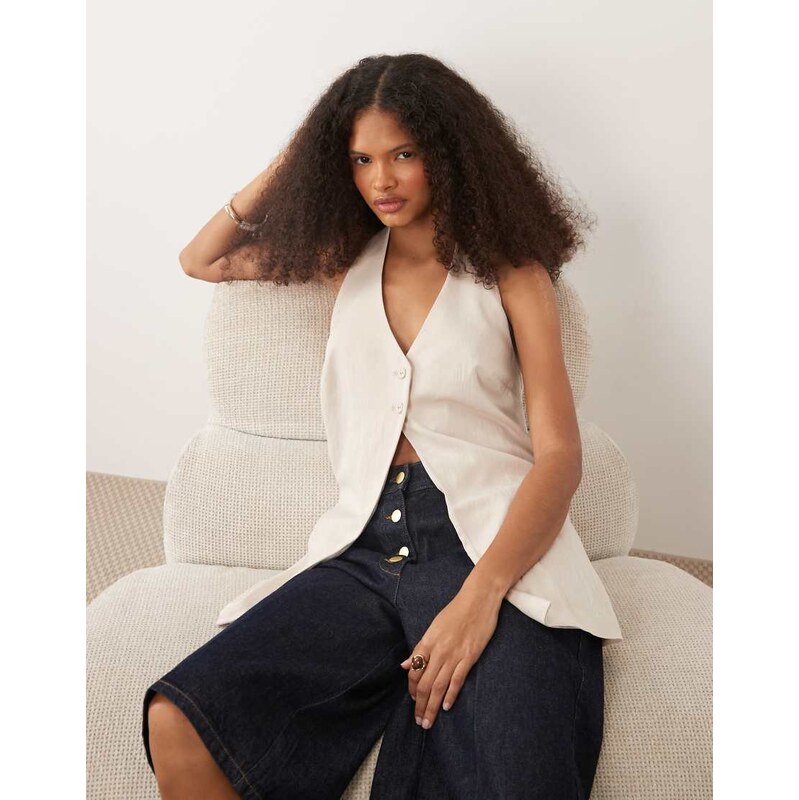 ASOS DESIGN Tailored halter neck button detail top in stone