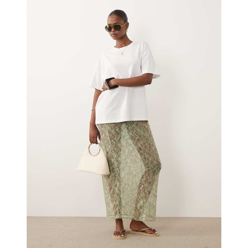 ASOS DESIGN delicate lace sheer sequin maxi skirt in green